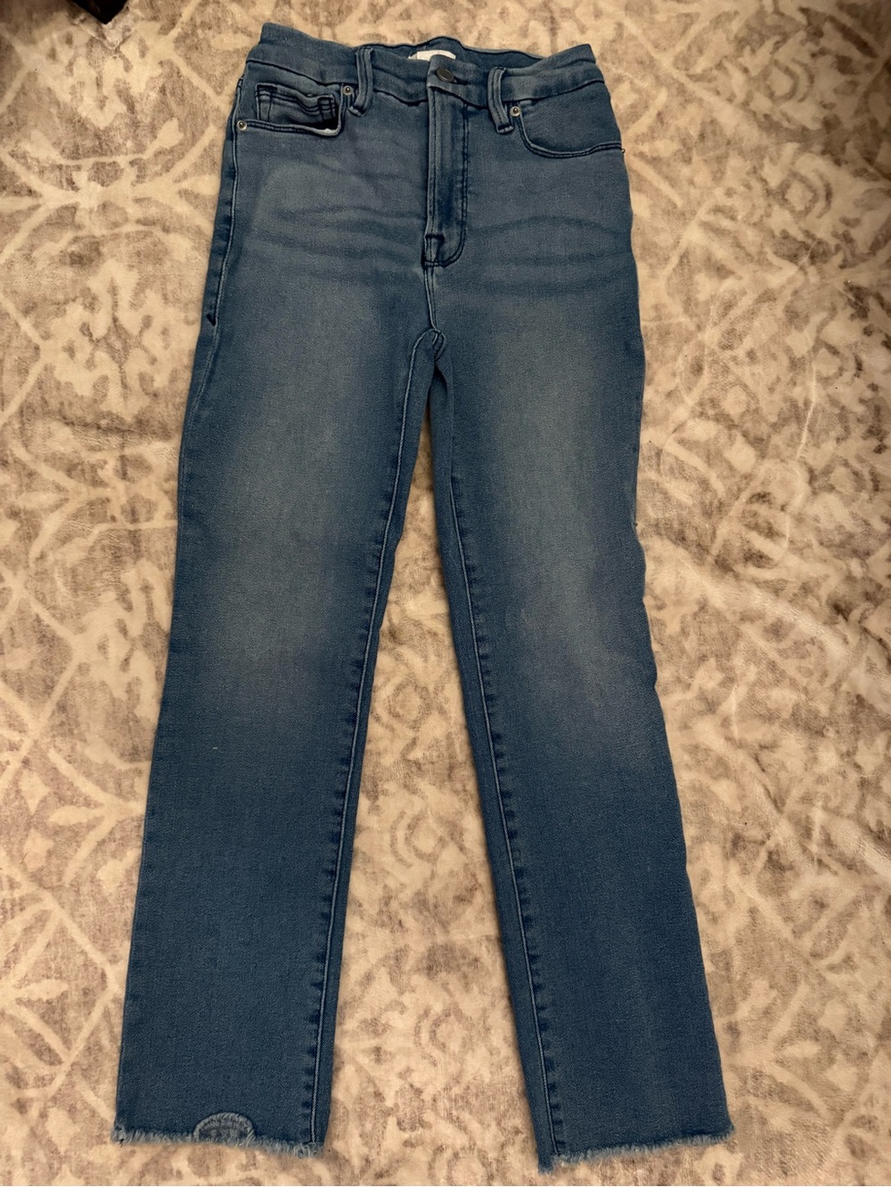 Good American High Rise Straight Leg Distressed Raw Hem Jeans Size 4/27